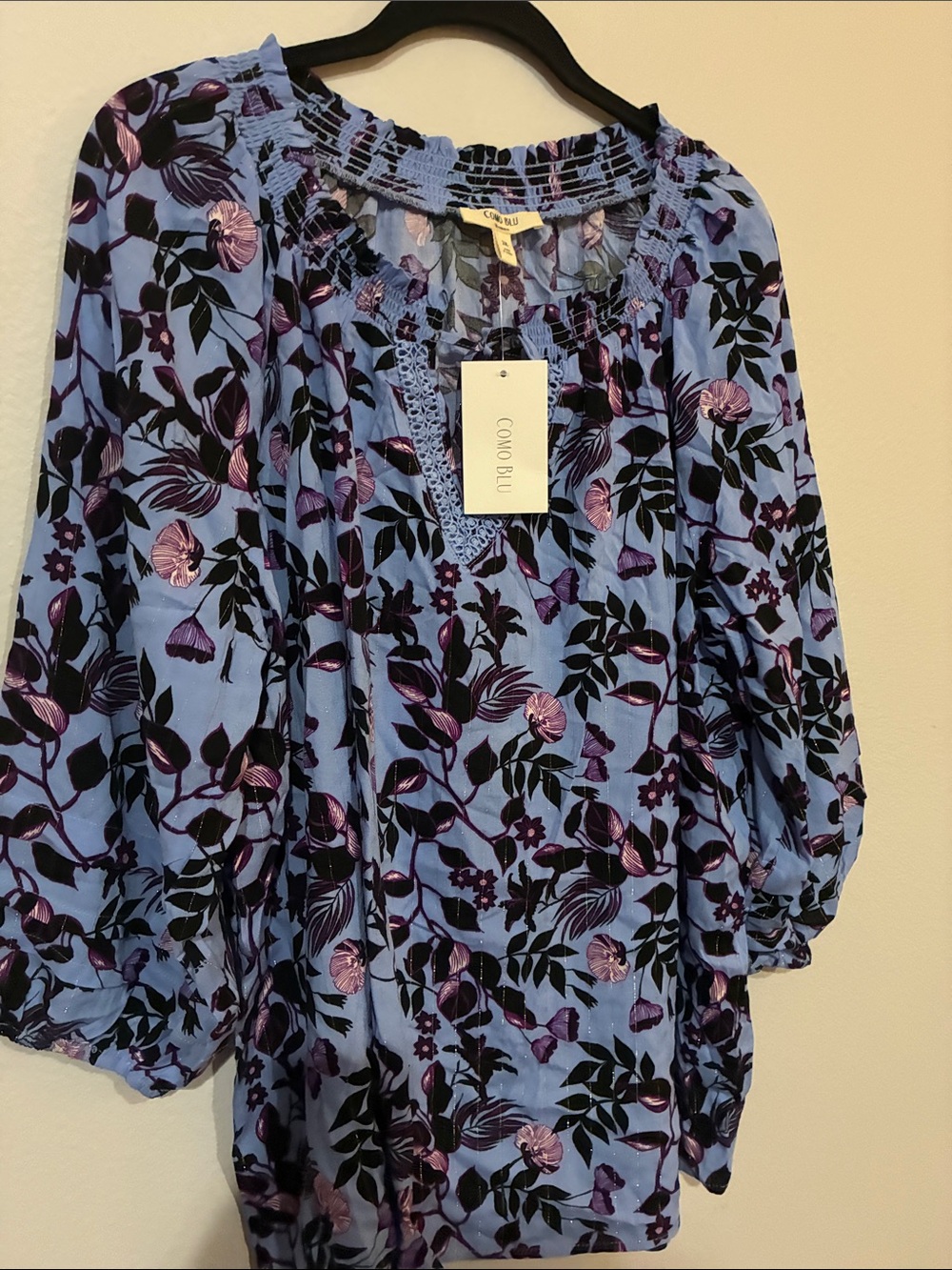 Light Blue Floral Smocked Neck Tunic Top by Como Blu - Picture 7 of 9